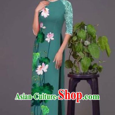 Traditional Top Grade Asian Vietnamese Costumes Classical Printing Lotus Peacock Green Cheongsam, Vietnam National Vietnamese Princess Bride Korean Silk Ao Dai Dress
