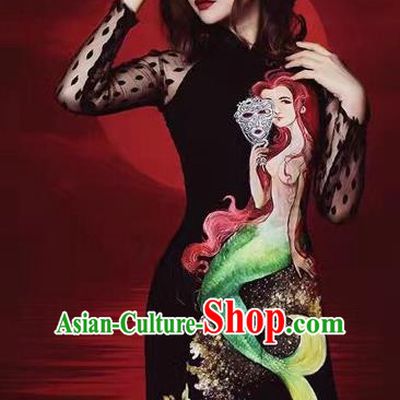 Traditional Top Grade Asian Vietnamese Costumes Classical Hand Painting Mermaid Cheongsam, Vietnam National Vietnamese Princess Bride Ao Dai Dress