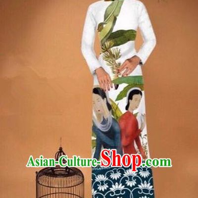 Traditional Top Grade Asian Vietnamese Costumes Classical Printing Cheongsam, Vietnam National Vietnamese Bride White Ao Dai Dress Tang Suit Clothing