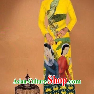 Traditional Top Grade Asian Vietnamese Costumes Classical Printing Cheongsam, Vietnam National Vietnamese Bride Yellow Ao Dai Dress Tang Suit Clothing