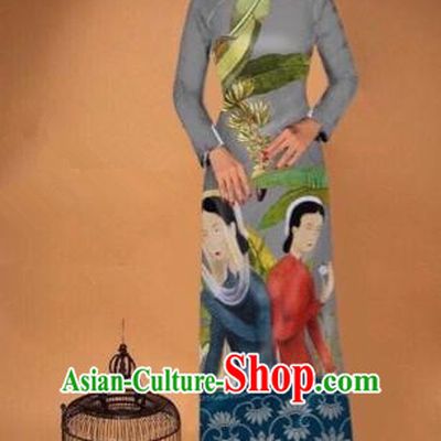 Traditional Top Grade Asian Vietnamese Costumes Classical Printing Cheongsam, Vietnam National Vietnamese Bride Grey Ao Dai Dress Tang Suit Clothing