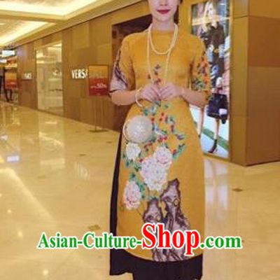 Traditional Top Grade Asian Vietnamese Costumes Classical Printing Cheongsam, Vietnam National Vietnamese Princess Bride Ao Dai Dress