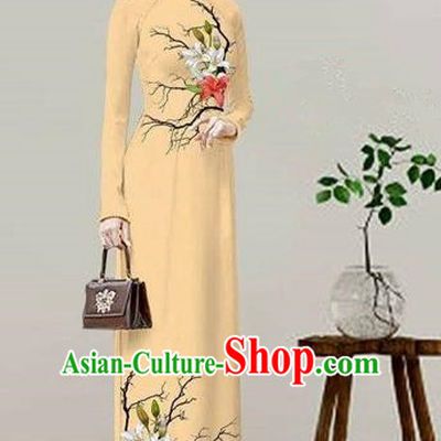 Traditional Top Grade Asian Vietnamese Costumes Classical Printing Khaki Cheongsam, Vietnam National Vietnamese Bride Ao Dai Dress