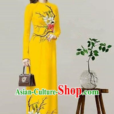 Traditional Top Grade Asian Vietnamese Costumes Classical Printing Yellow Cheongsam, Vietnam National Vietnamese Bride Ao Dai Dress