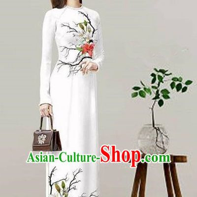 Traditional Top Grade Asian Vietnamese Costumes Classical Printing White Cheongsam, Vietnam National Vietnamese Bride Ao Dai Dress