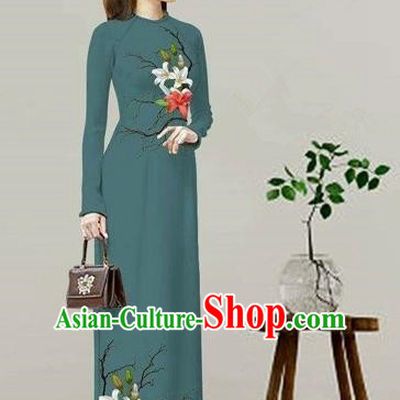 Traditional Top Grade Asian Vietnamese Costumes Classical Printing Olive Green Cheongsam, Vietnam National Vietnamese Bride Ao Dai Dress