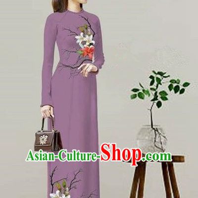 Traditional Top Grade Asian Vietnamese Costumes Classical Printing Purple Cheongsam, Vietnam National Vietnamese Bride Ao Dai Dress