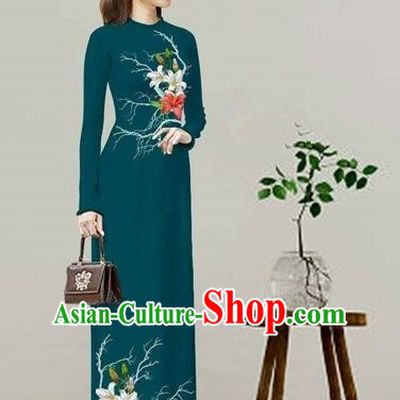 Traditional Top Grade Asian Vietnamese Costumes Classical Printing Peacock Green Cheongsam, Vietnam National Vietnamese Bride Ao Dai Dress