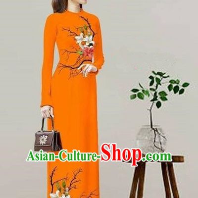 Traditional Top Grade Asian Vietnamese Costumes Classical Printing Orange Cheongsam, Vietnam National Vietnamese Bride Ao Dai Dress