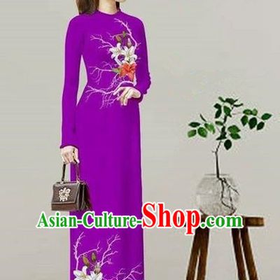 Traditional Top Grade Asian Vietnamese Costumes Classical Printing Purple Cheongsam, Vietnam National Vietnamese Bride Ao Dai Dress