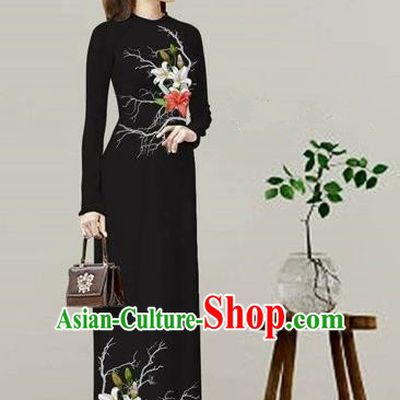 Traditional Top Grade Asian Vietnamese Costumes Classical Printing Black Cheongsam, Vietnam National Vietnamese Bride Ao Dai Dress
