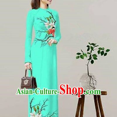 Traditional Top Grade Asian Vietnamese Costumes Classical Printing Viridis Cheongsam, Vietnam National Vietnamese Bride Ao Dai Dress