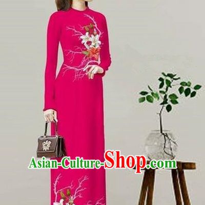 Traditional Top Grade Asian Vietnamese Costumes Classical Printing Rosy Cheongsam, Vietnam National Vietnamese Bride Ao Dai Dress