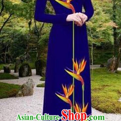 Traditional Top Grade Asian Vietnamese Costumes Classical Printing Long Cheongsam, Vietnam National Vietnamese Princess Bride Royalblue Ao Dai Dress