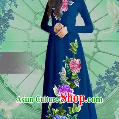 Traditional Top Grade Asian Vietnamese Costumes Classical Printing Navy Chiffon Cheongsam, Vietnam National Vietnamese Bride Ao Dai Dress