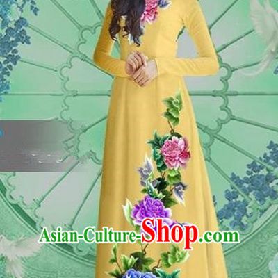 Traditional Top Grade Asian Vietnamese Costumes Classical Printing Light Yellow Chiffon Cheongsam, Vietnam National Vietnamese Bride Ao Dai Dress