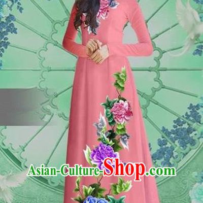 Traditional Top Grade Asian Vietnamese Costumes Classical Printing Watermelon Red Chiffon Cheongsam, Vietnam National Vietnamese Bride Ao Dai Dress