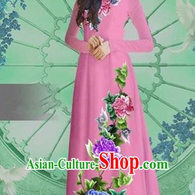 Traditional Top Grade Asian Vietnamese Costumes Classical Printing Pink Chiffon Cheongsam, Vietnam National Vietnamese Bride Ao Dai Dress