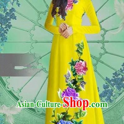 Traditional Top Grade Asian Vietnamese Costumes Classical Printing Yellow Chiffon Cheongsam, Vietnam National Vietnamese Bride Ao Dai Dress