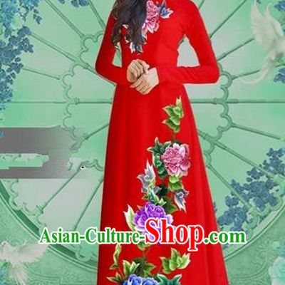 Traditional Top Grade Asian Vietnamese Costumes Classical Printing Red Chiffon Cheongsam, Vietnam National Vietnamese Bride Ao Dai Dress