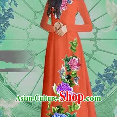 Traditional Top Grade Asian Vietnamese Costumes Classical Printing Orange Chiffon Cheongsam, Vietnam National Vietnamese Bride Ao Dai Dress