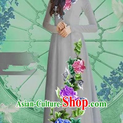 Traditional Top Grade Asian Vietnamese Costumes Classical Printing Grey Chiffon Cheongsam, Vietnam National Vietnamese Bride Ao Dai Dress