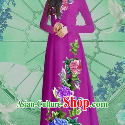 Traditional Top Grade Asian Vietnamese Costumes Classical Printing Purple Chiffon Cheongsam, Vietnam National Vietnamese Bride Ao Dai Dress