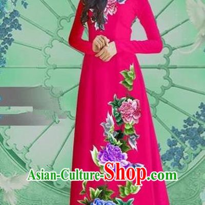 Traditional Top Grade Asian Vietnamese Costumes Classical Printing Rosy Chiffon Cheongsam, Vietnam National Vietnamese Bride Ao Dai Dress