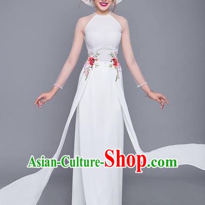 Traditional Top Grade Asian Vietnamese Costumes Classical Printing Cheongsam White Wedding Dress, Vietnam National Vietnamese Bride Ao Dai Dress