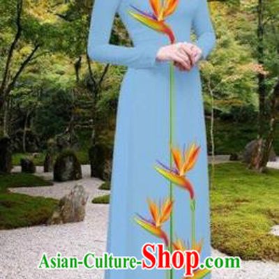 Traditional Top Grade Asian Vietnamese Costumes Classical Printing Long Cheongsam, Vietnam National Vietnamese Princess Bride Blue Ao Dai Dress