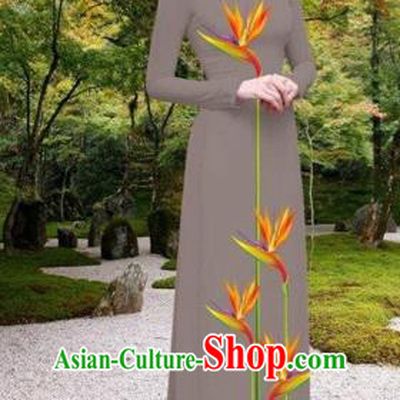 Traditional Top Grade Asian Vietnamese Costumes Classical Printing Long Cheongsam, Vietnam National Vietnamese Princess Bride Grey Ao Dai Dress