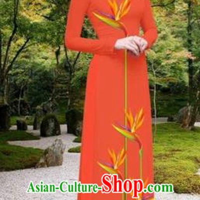 Traditional Top Grade Asian Vietnamese Costumes Classical Printing Long Cheongsam, Vietnam National Vietnamese Princess Bride Orange Ao Dai Dress