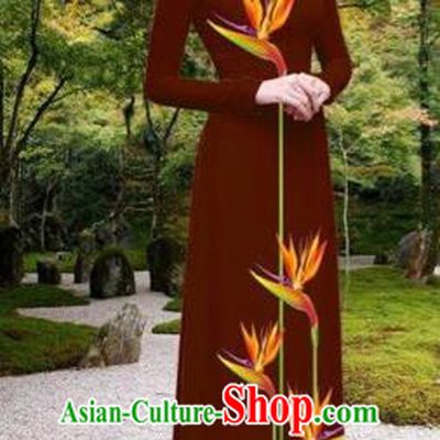 Traditional Top Grade Asian Vietnamese Costumes Classical Printing Long Cheongsam, Vietnam National Vietnamese Princess Bride Wine Red Ao Dai Dress