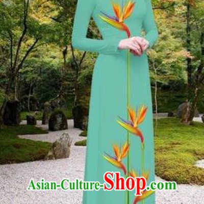 Traditional Top Grade Asian Vietnamese Costumes Classical Printing Long Cheongsam, Vietnam National Vietnamese Princess Bride Green Ao Dai Dress