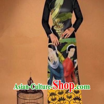 Traditional Top Grade Asian Vietnamese Costumes Classical Printing Cheongsam, Vietnam National Vietnamese Bride Black Ao Dai Dress Tang Suit Clothing