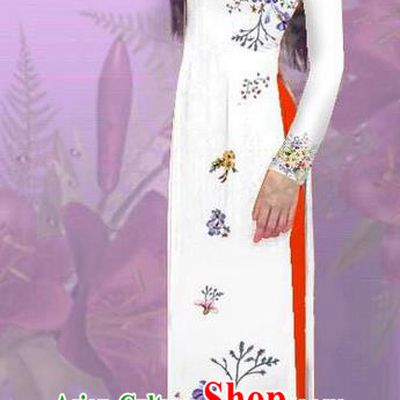 Top Grade Asian Vietnamese Costumes Classical Jing Nationality Printing White Cheongsam, Vietnam National Vietnamese Traditional Princess Ao Dai Dress for Women
