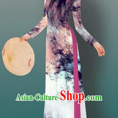 Top Grade Asian Vietnamese Costumes Classical Jing Nationality Gradient Watercolor Printing Brown Cheongsam, Vietnam National Vietnamese Traditional Princess Ao Dai Dress