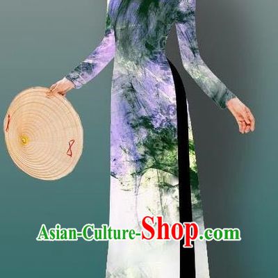 Top Grade Asian Vietnamese Costumes Classical Jing Nationality Gradient Watercolor Printing Deep Green Cheongsam, Vietnam National Vietnamese Traditional Princess Ao Dai Dress