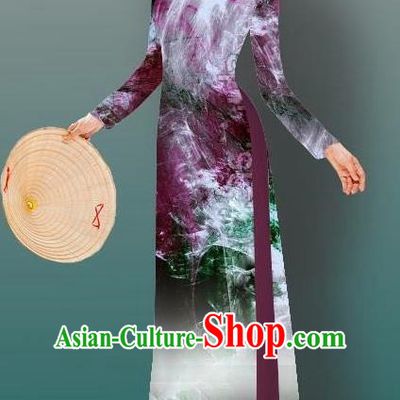 Top Grade Asian Vietnamese Costumes Classical Jing Nationality Gradient Watercolor Printing Wine Red Cheongsam, Vietnam National Vietnamese Traditional Princess Ao Dai Dress