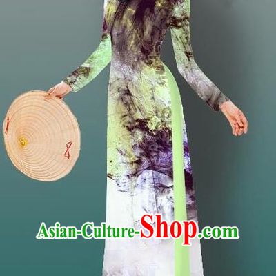 Top Grade Asian Vietnamese Costumes Classical Jing Nationality Gradient Watercolor Printing Cheongsam, Vietnam National Vietnamese Traditional Princess Ao Dai Dress
