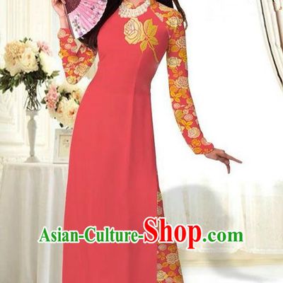 Top Grade Asian Vietnamese Costumes Classical Jing Nationality Printing Flower Watermelon Red Cheongsam, Vietnam National Vietnamese Traditional Princess Ao Dai Dress