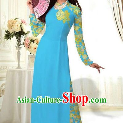 Top Grade Asian Vietnamese Costumes Classical Jing Nationality Printing Flower Blue Cheongsam, Vietnam National Vietnamese Traditional Princess Ao Dai Dress