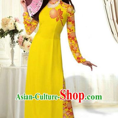 Top Grade Asian Vietnamese Costumes Classical Jing Nationality Printing Flower Yellow Cheongsam, Vietnam National Vietnamese Traditional Princess Ao Dai Dress