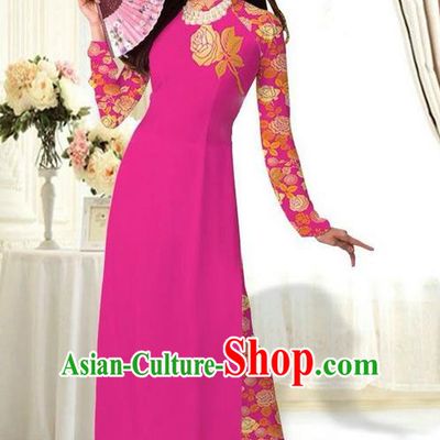 Top Grade Asian Vietnamese Costumes Classical Jing Nationality Printing Flower Rosy Cheongsam, Vietnam National Vietnamese Traditional Princess Ao Dai Dress