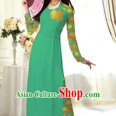 Top Grade Asian Vietnamese Costumes Classical Jing Nationality Printing Flower Green Cheongsam, Vietnam National Vietnamese Traditional Princess Ao Dai Dress