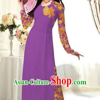Top Grade Asian Vietnamese Costumes Classical Jing Nationality Printing Flower Purple Cheongsam, Vietnam National Vietnamese Traditional Princess Ao Dai Dress