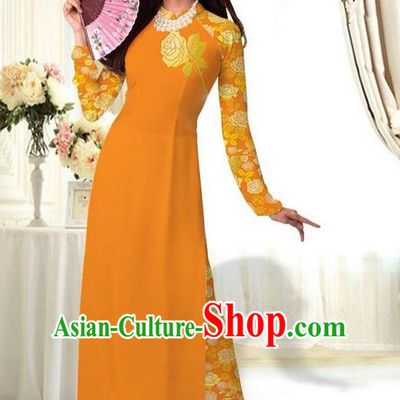 Top Grade Asian Vietnamese Costumes Classical Jing Nationality Printing Flower Ginger Cheongsam, Vietnam National Vietnamese Traditional Princess Ao Dai Dress