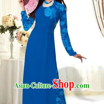 Top Grade Asian Vietnamese Costumes Classical Jing Nationality Printing Flower Royalblue Cheongsam, Vietnam National Vietnamese Traditional Princess Ao Dai Dress