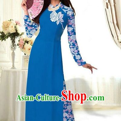 Top Grade Asian Vietnamese Costumes Classical Jing Nationality Printing Flower Peacock Blue Cheongsam, Vietnam National Vietnamese Traditional Princess Ao Dai Dress