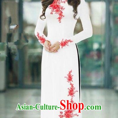 Top Grade Asian Vietnamese Costumes Classical Jing Nationality Printing Handmade White Cheongsam, Vietnam National Vietnamese Traditional Princess Ao Dai Dress